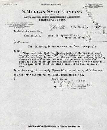A telegram inquiry to the S. Morgan Smith Company from the Fayette Silk Company, circa February 27, 1907.