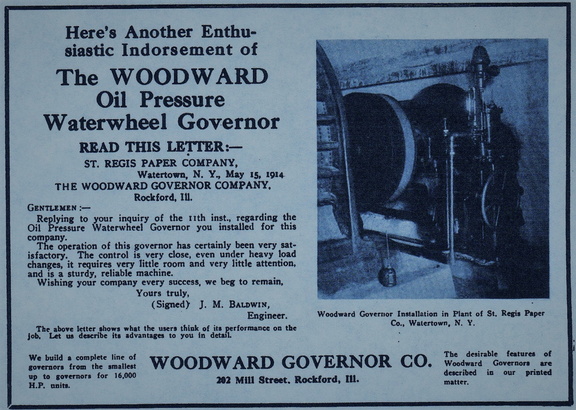 A vintage Woodward Water Wheel governor advertisement from 1918.