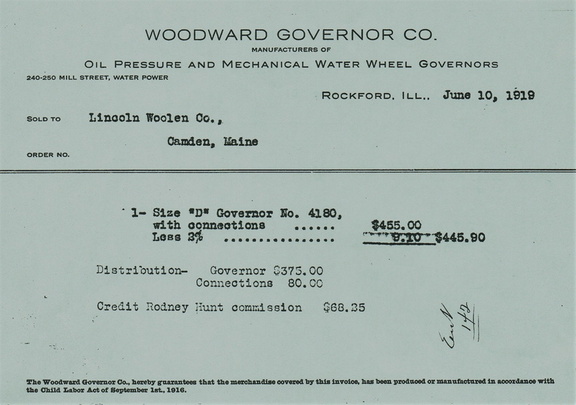 A Woodward Governor Company receipt from 102 years ago.