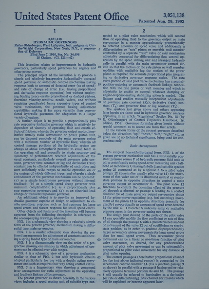 Page 1 of Rufus Oldenburger's engine governor patent.