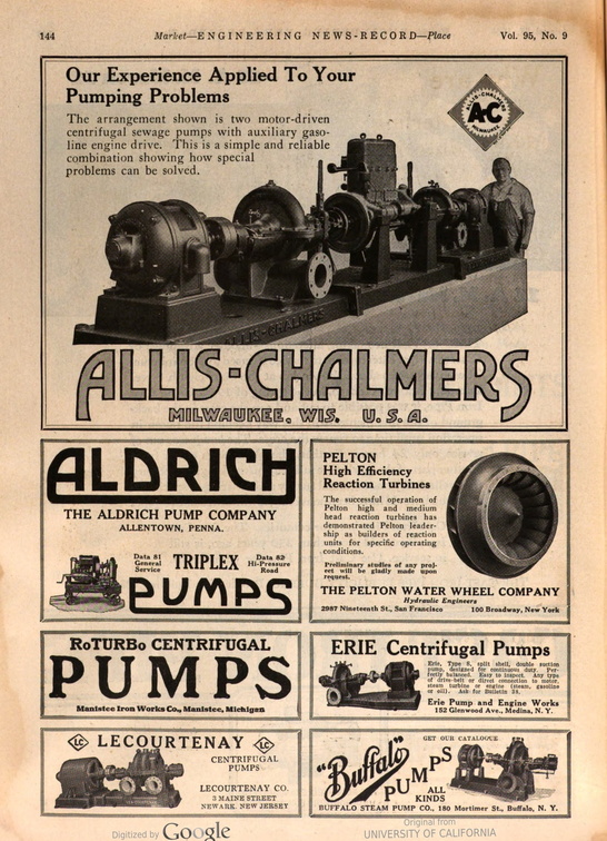 Allis-Chalmers Manufacturing Company and the Pelton Water Wheel Company advertisements.