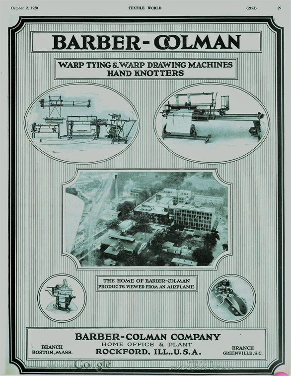 BARBER-COLMAN MANUFACTURING COMPANY HISTORY.