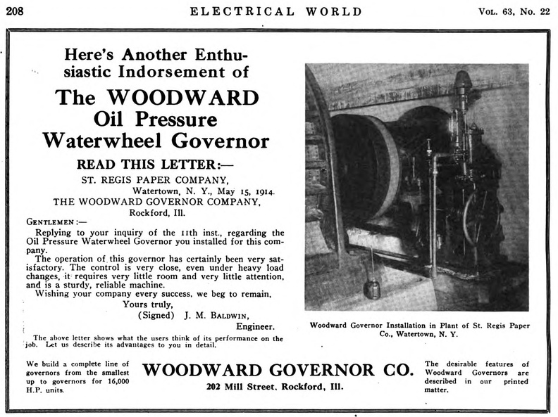 The first Woodward oil pressure hydraulic water wheel governor from patent number 1,106,434.
