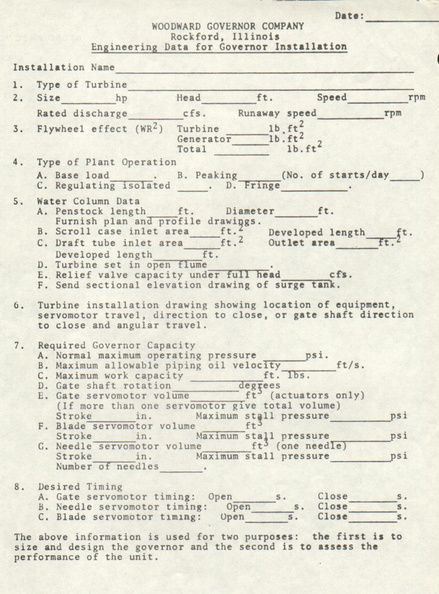 WOODWARD GOVERNOR COMPANY Engineering Data for Governor Installation.