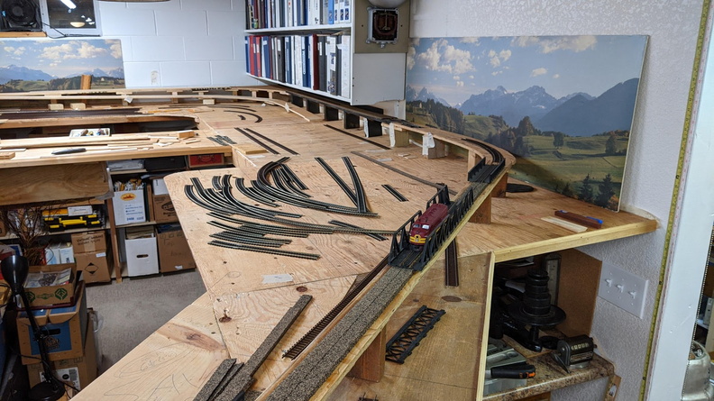 First few feet of cork roadbed glued down, ready to nail down the track.