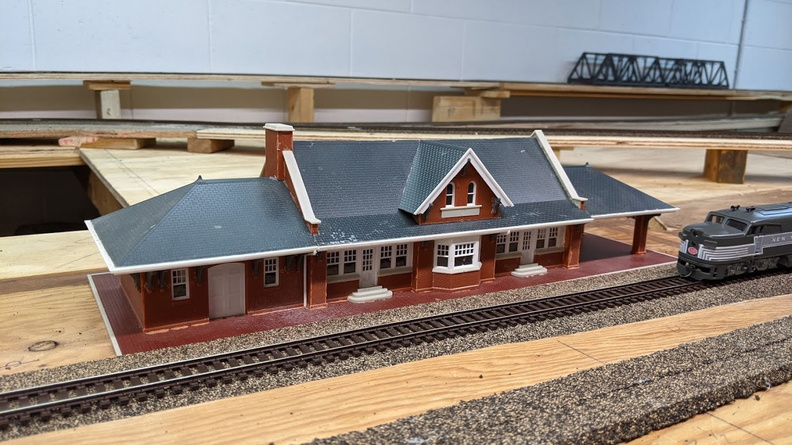 A train station added to the model railroad.