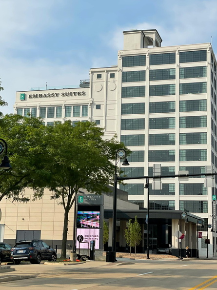 A remodeled factory made into the Embassy Suites by Hilton in downtown Rockford, Illinois.