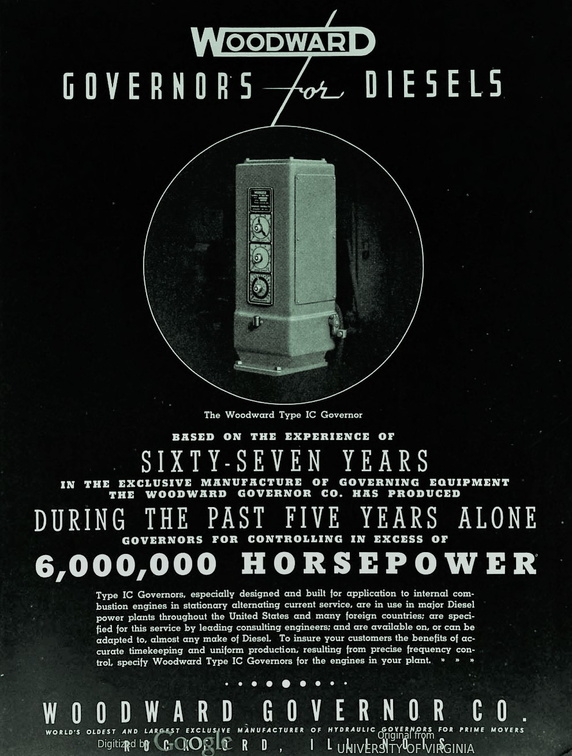 Elmer Woodward's first diesel engine governor system patented in 1933.