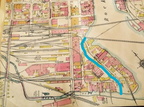 The blue line is where the mill race water ran along Race Street before they filled the canal in.