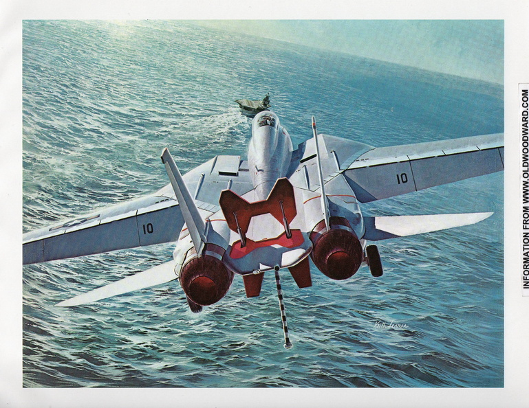The viewer sees the F-14A and the carrier as developed by desciptive geometry from a postion 23 feet above of the centerline.