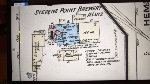 The Stevens Point Brewery Property in 1884 (yellow dots is Water Street).