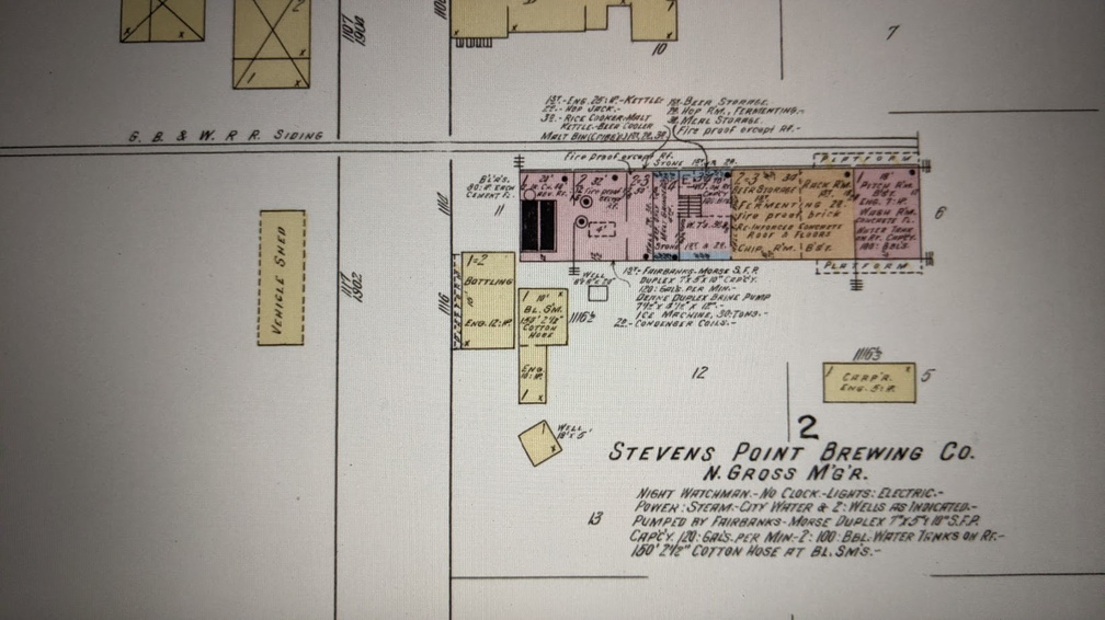 The Stevens Point Brewery Property in 1884.  To the left is Water Street.