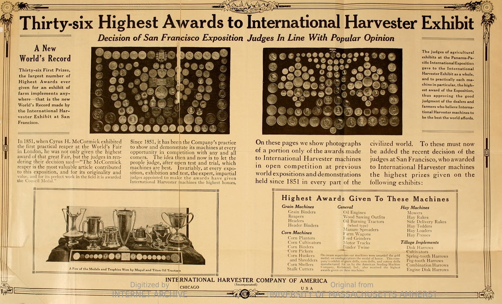 Thirthy-six Highest Awards to International Harveter Exhibits.