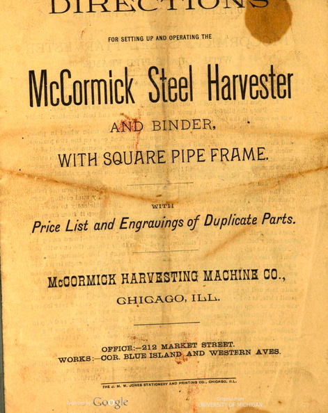 Directions for setting up and operating the McCormick Steel Harvester and Binder.