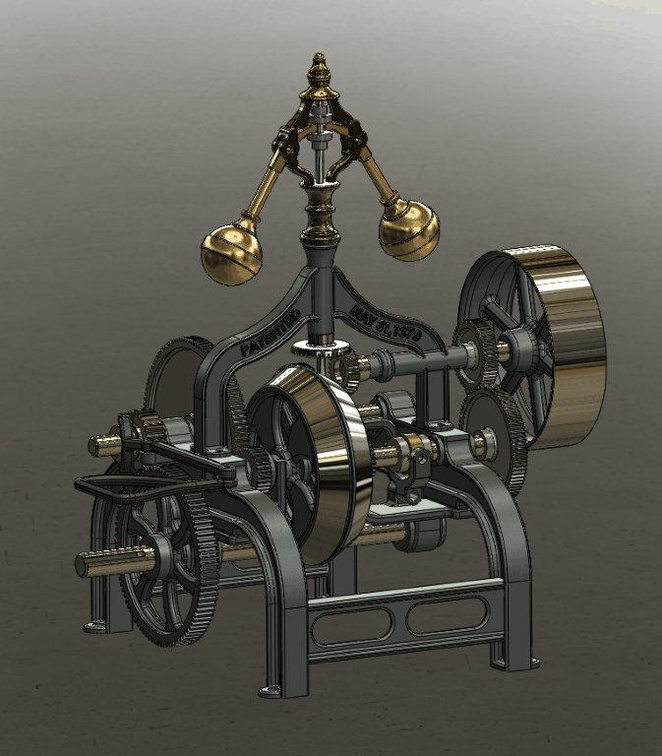 A computer-aided(Cad/Cam) manufacturing drawing of the first Amos Woodward water wheel governor from patent number 103,813, circa 1870.
