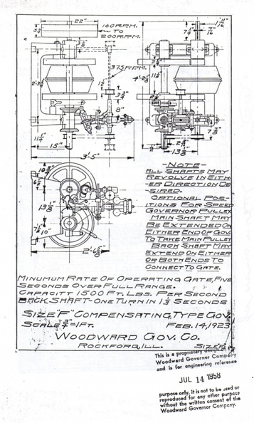 The Woodward size F horizontal compensating water wheel governor, circa 1923.