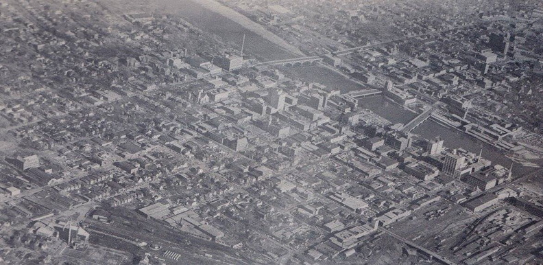 Flying over downtown Rockford in a Woodward aircraft, circa 1958.