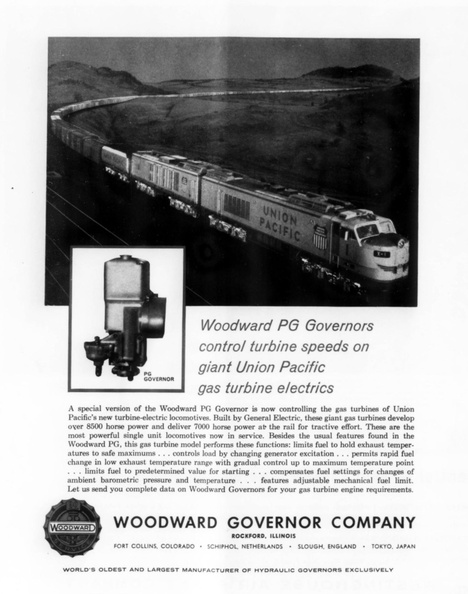 Woodward PG Governors control turbine speeds on the UP gas turbine locomotives.