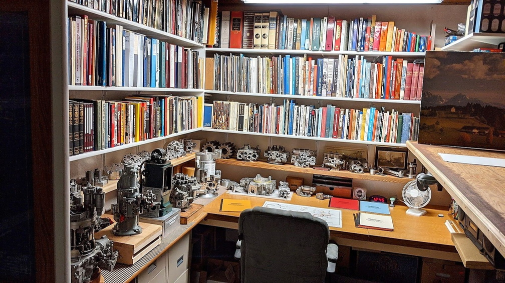 In the workspace in the reference library, engine governor room and model railroad room.