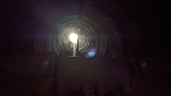 Inside the turbine unit looking (upriver) inside the 8 foot diameter intake water conduit.