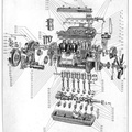 Exploded view of the engine parts.