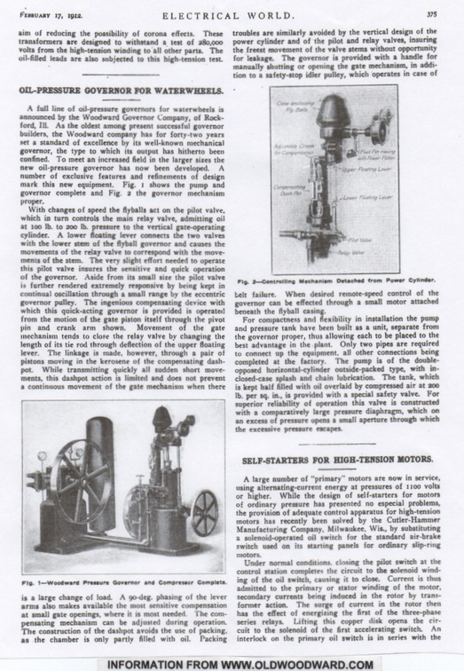 Elmer Woodward's new hydraulic governor developed and patented in 1912.