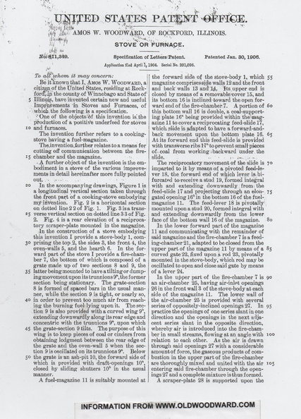 Amos Woodward's patent for his stove.