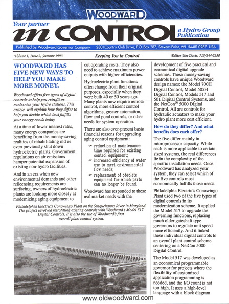 IN CONTROL.   Volume 1, issue 2, Summer 1993.  A Hydro Group Publication.