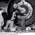 Looking at a G.E. CF6-50 jet engine on the assembly floor at the General Electric Company.