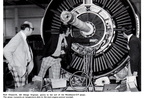 Looking at a G.E. CF6-50 jet engine on the assembly floor at the General Electric Company.