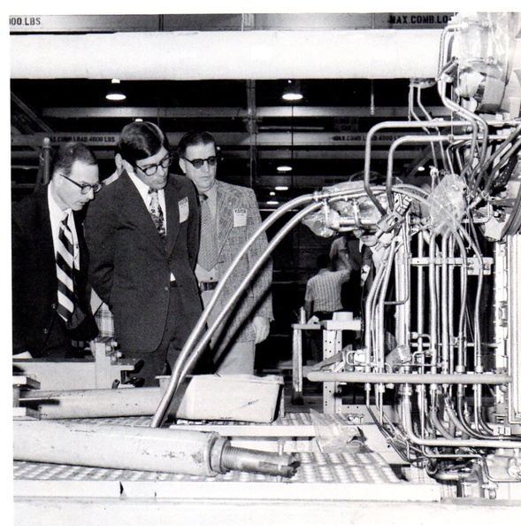 Looking at a G.E. CF6-50 jet engine on the assembly floor at the General Electric Company.