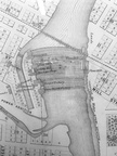 An 1850's map of the Rockford dam area where water was funneled into channels on each side of the dam.