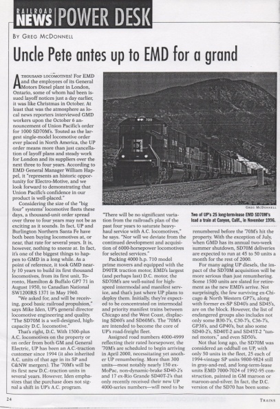 The Union Pacific Railroad, EMD, and Woodward set record for locomotive purchase order.