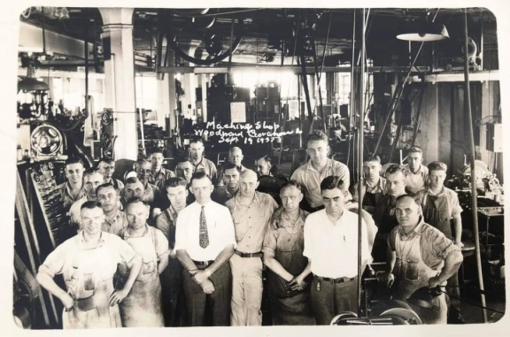 Woodward Governor Company employees at the Woodward Mill Street factory down in the Water Power District in Rockford, Illinois 87 years ago in 1937