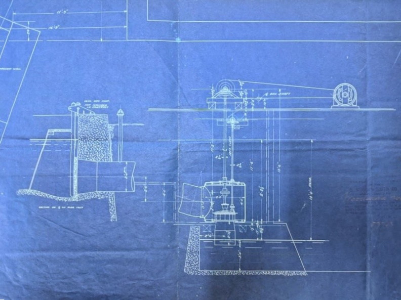 Closeup of turbine water wheel. Blueprint from S. Morgan Smith, York, Penna. Yorklyn, Delaware Hydroelectric turbine water wheel installation. March 26, 1919. - Post 8..jpg Post 8..jpg