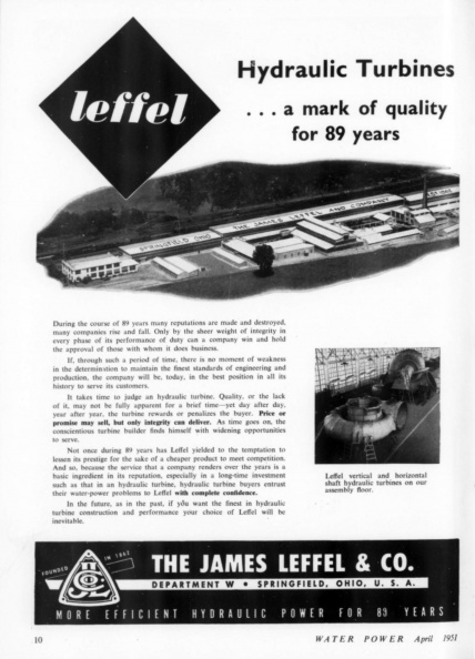 Leffel Hydraulic Turbines... a mark of quality for 89 years.  Published in 1951.