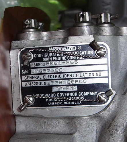 Name plate for the G.E. CF6-80C jet engine fuel control.