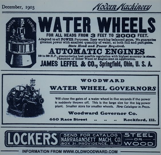 Vintage advertisement with both Woodward and James Leffel Companies.