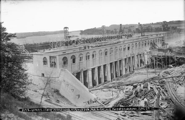 View from the west bank of the Wisconsin River showing progress on the power dam 1913.