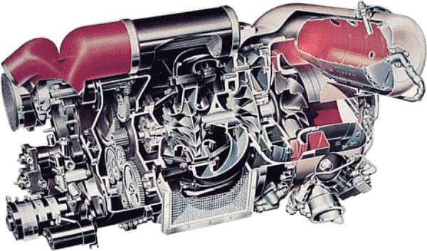 A cutaway drawing of a auxillary gas turbine power unit for a aircraft jet engine.