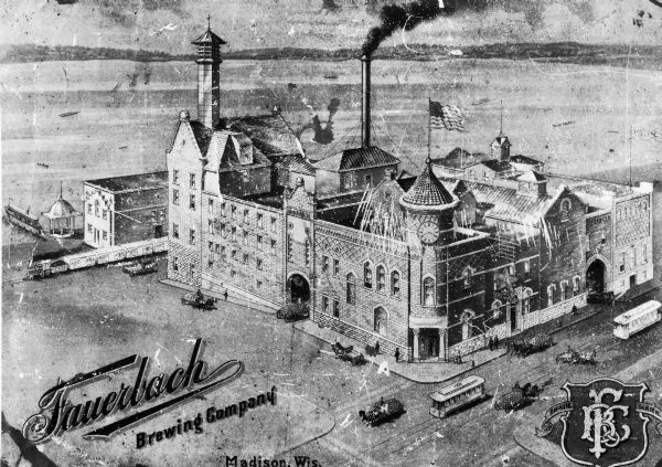 An architecual rendering of the Fauerbach Brewing Company in Madison Wisconsin, circa 1900.