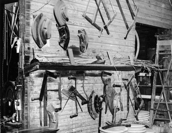 Barrel making tools and cattails at the Hess Cooperage, circa 1952..jpg