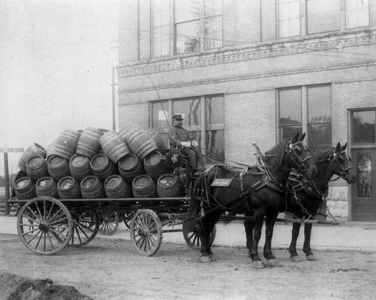 Frank Hess beer kegs on a Faurbach Brewery delivery wagon.