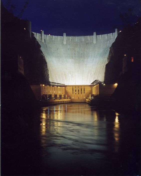 The Hoover dam at night.