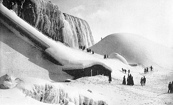 A rare Ice mountain at the American Falls side at Niagara Falls, circa 1891.